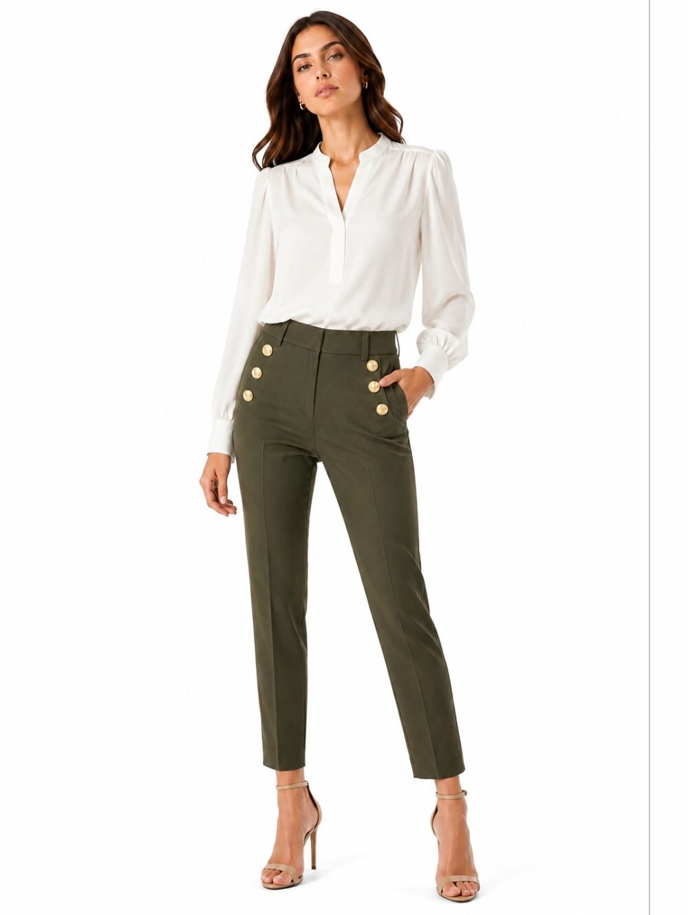 WHBM Jolie Straight Ankle Pants Olive Green Military Button Women's Size 10